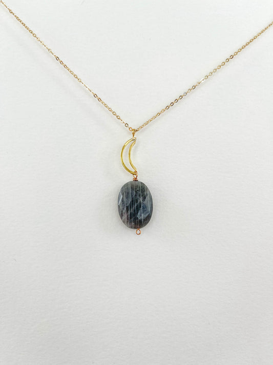 Long Labradorite Oval Necklace with Crescent Moon Accent