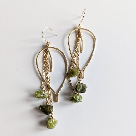 Large Leaf Dangle Earrings With Dripping Peridot