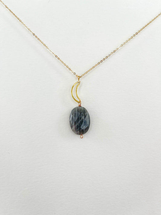 Long Labradorite Oval Necklace with Crescent Moon Accent - Peerless Charm