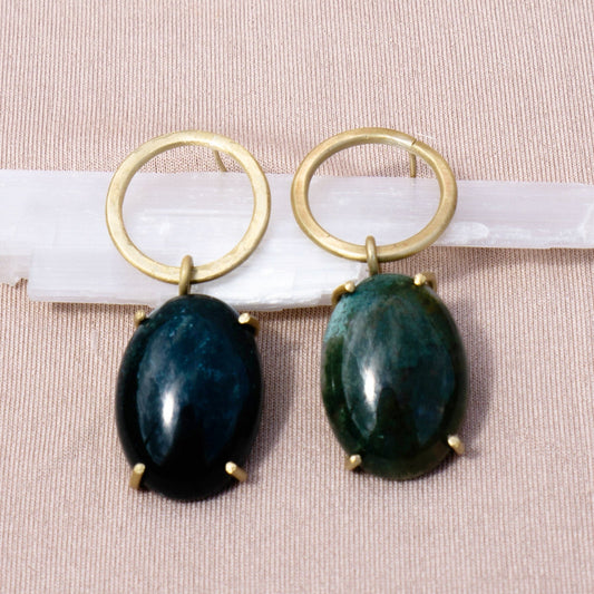Hoop Studs With Prong Set Moss Agate - Peerless Charm