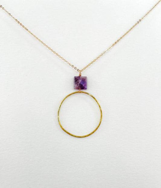 Long Purple Amethyst Square Hoop Necklace