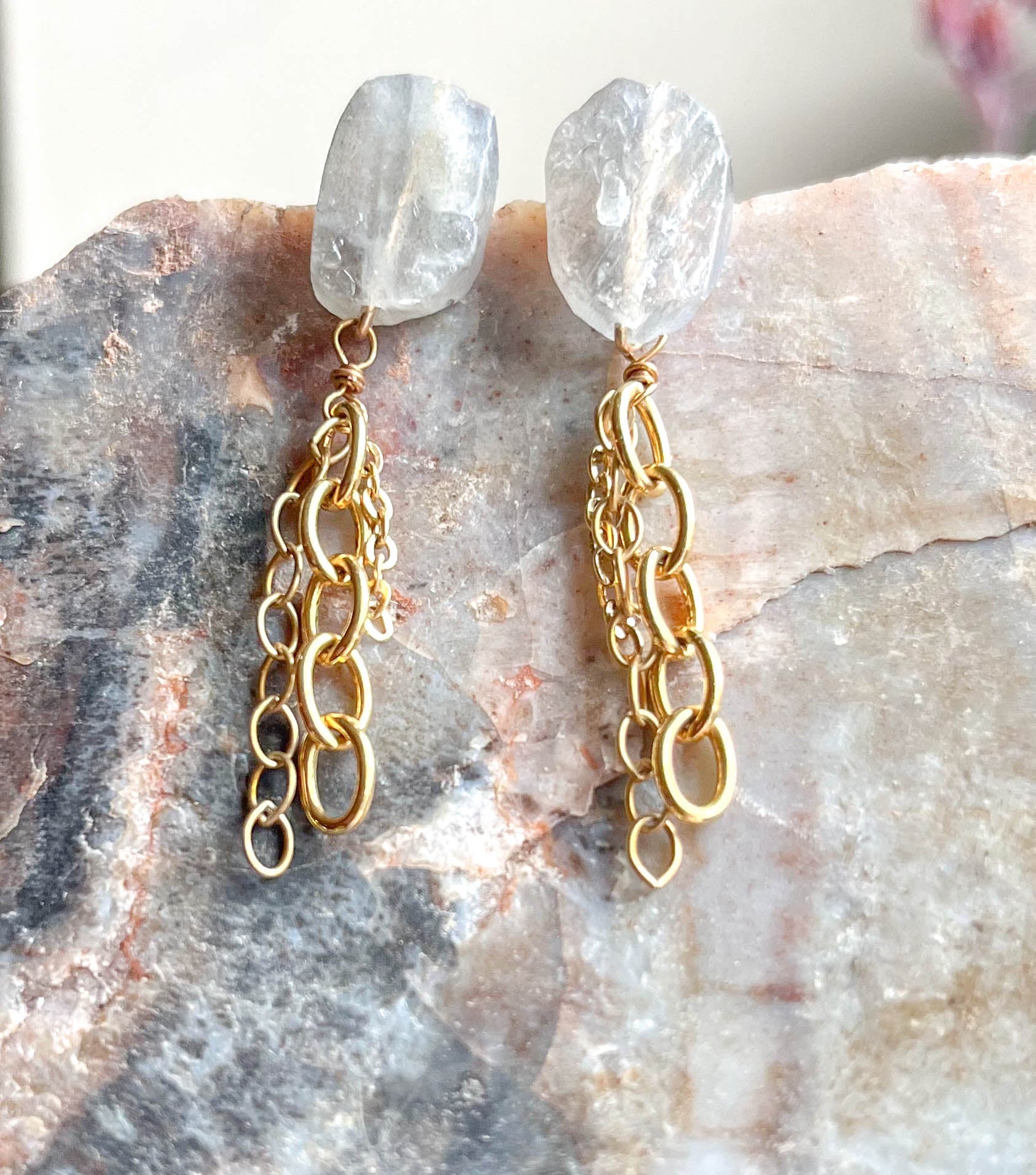Labradorite Studs With Chain Dangles - Peerless Charm