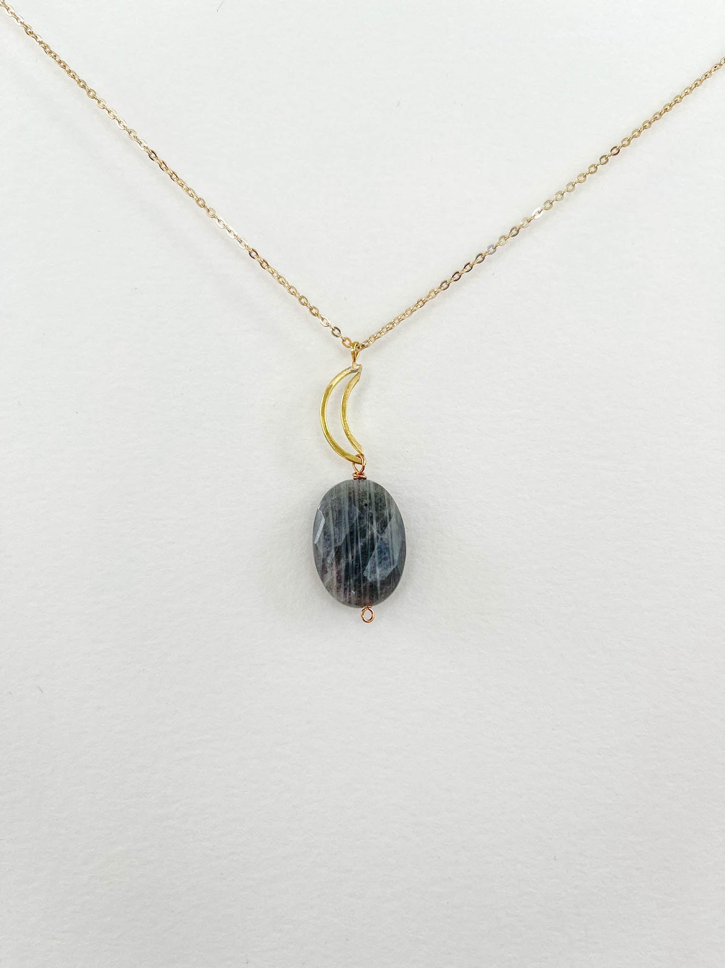 Long Labradorite Oval Necklace with Crescent Moon Accent - Peerless Charm