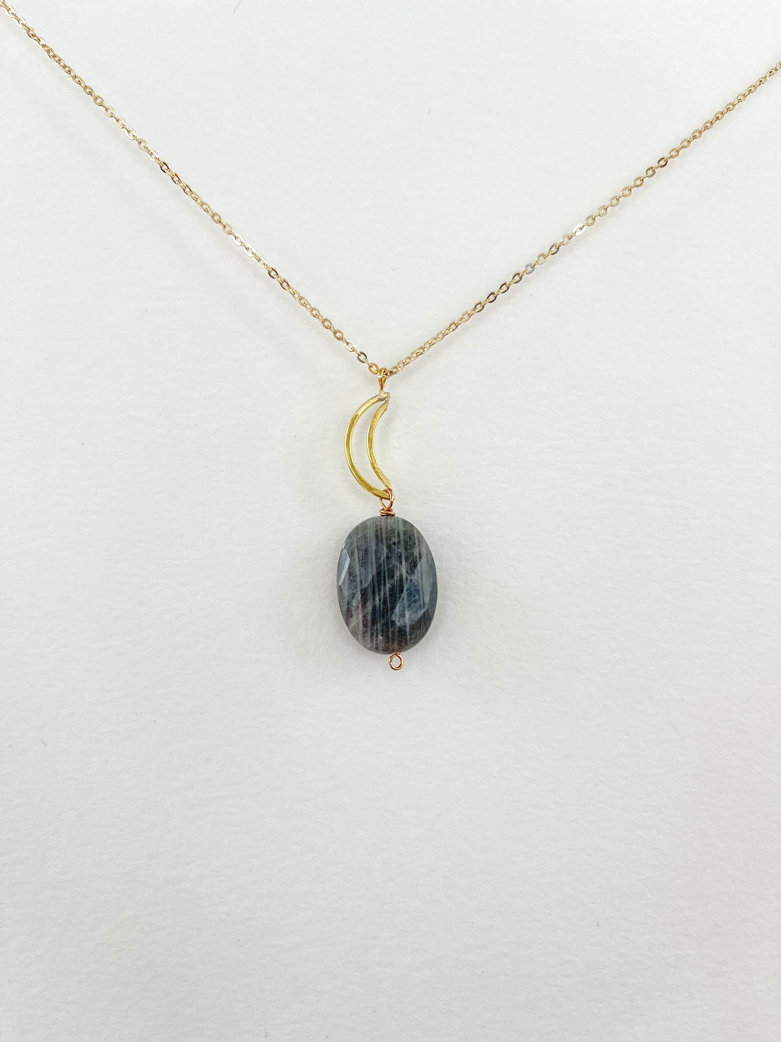 Long Labradorite Oval Necklace with Crescent Moon Accent - Peerless Charm